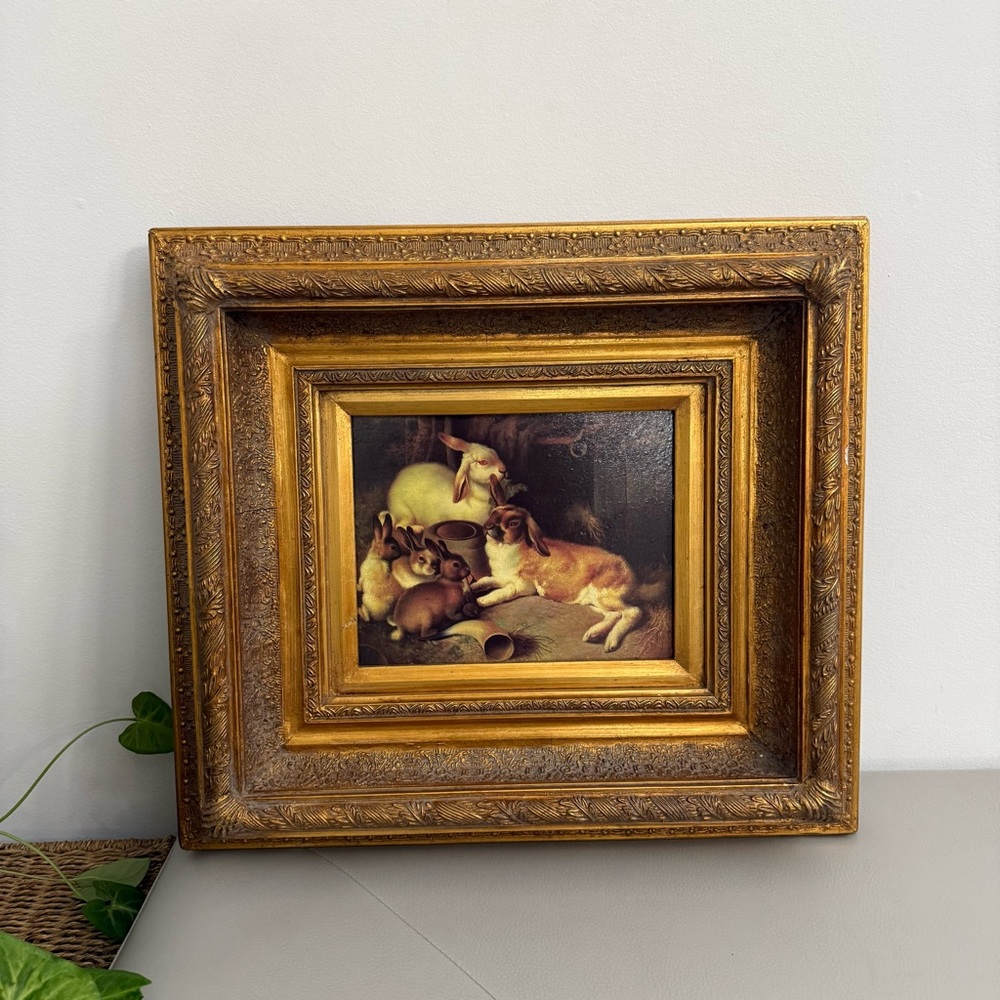 Carvers & Gilders Antique Bunnies Wall Decor Art Gold Leaf‎ Frame Vintage